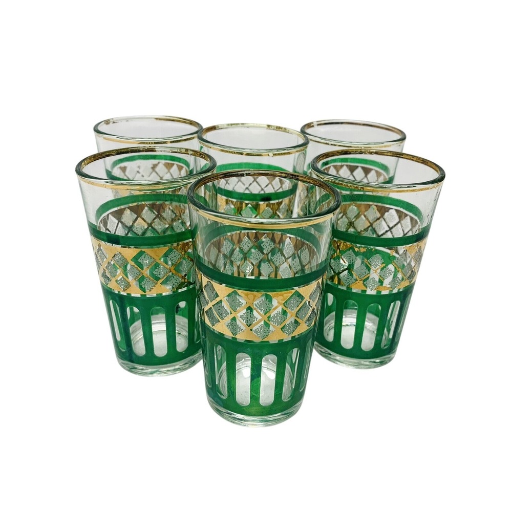 Vintage Set of 6 Shot Glass Green Stripe‎ Gold Trim 3 Oz Made Italy Barware READ